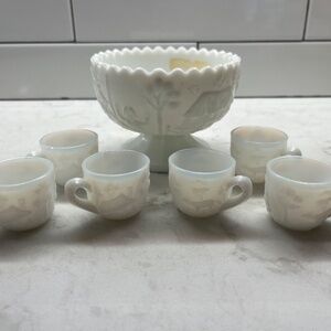 Antique Milk Glass Nursery Rhyme (EAPG) Children's Punch Bowl & Cups